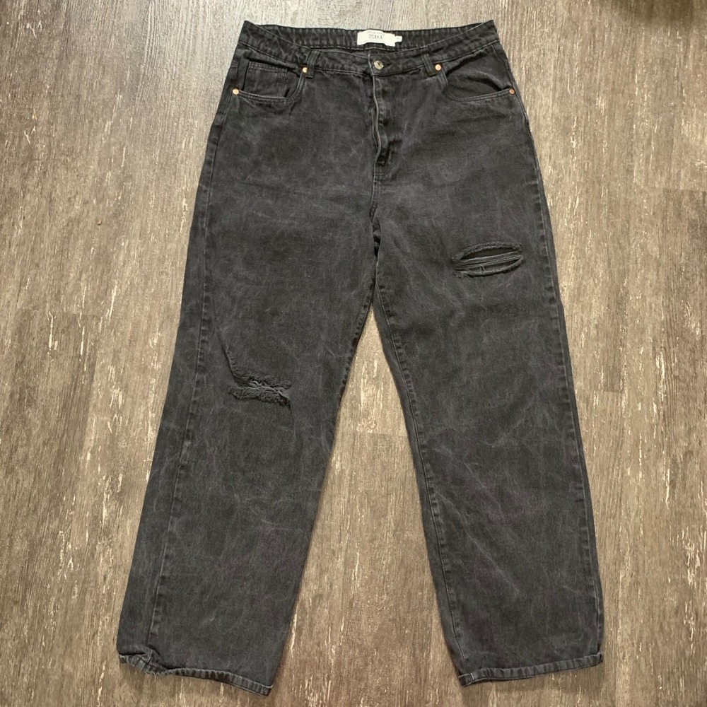 Refuge Denim Osaka Distressed Black Wash Wide Leg‎ Jeans Women Size 15